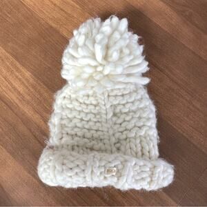 Bula | Womens Cream Knit Beanie Hat Wool Oversized Pom Pom Ski Snow Winter White